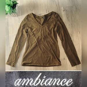 Ambiance Olive Green V-Neck Long Sleeve Top, Women's Large (L)